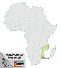 Inselkarte von Mosambik mit Hauptstädten in Pastelgrün