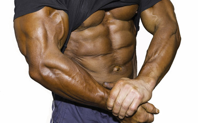 Obraz premium Close up on perfect abs. Strong bodybuilder with six pack.