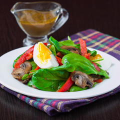 Fresh green salad with spinach, mushrooms, red pepper, egg