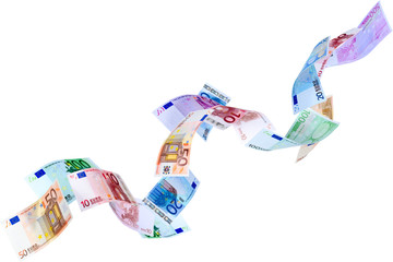 Falling Euro banknotes isolated on white