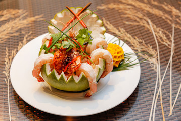 The pomelo and prawns salad.