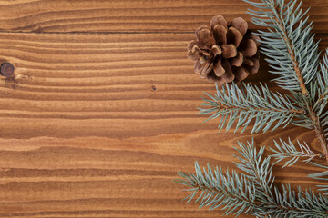 Obraz na płótnie Canvas blue spruce twig on wooden plank