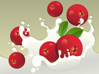 Obraz na płótnie Canvas Milk splash with cranberries on light background.