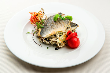 Roasted sea bass with white and wild rice