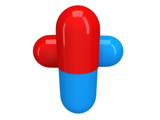 Two Half red half blue pill capsule. 3D