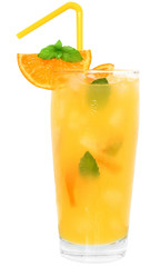 Cocktail with orange juice and ice cubes decorated leaf mint