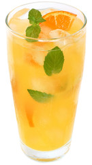 Cocktail with orange juice and ice cubes decorated leaf mint