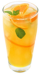 Cocktail with orange juice and ice cubes decorated leaf mint top