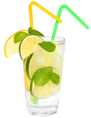 Mojito cocktail with two straws drinking and ice cube close up