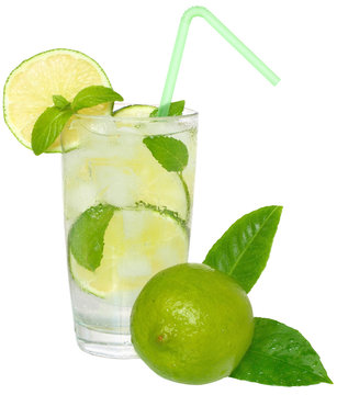 Fresh cold lemonade from lime with ice close up