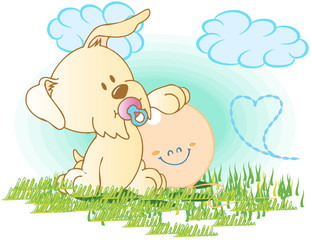 Illustration vector of cute dog with balloon and clouds. 