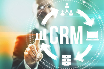 Customer relationship management concept man selecting CRM - obrazy, fototapety, plakaty