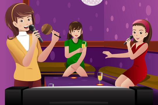 Female  friends singing karaoke
