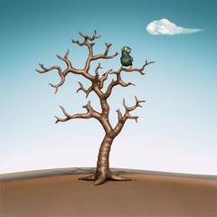 Blue bird perching in the dead tree. 3d illustration
