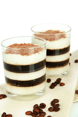 Tasty jelly coffee with milk on table on white background