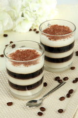 Tasty jelly coffee with milk on table on light background