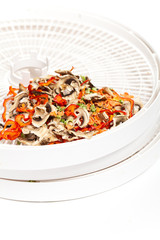 Dried vegetables on food dehydrator tray