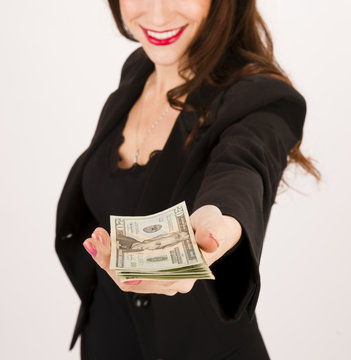 Business Woman Hands You Cash Payment Twenty Dollar Bills
