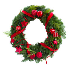 green christmas wreath with red  decorations