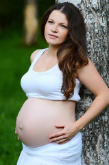 The pregnant woman in the summer at a birch