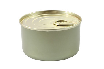 Flat tin can with ring cover on white background.