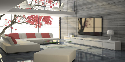 Modern interior with white sofas and pink tree
