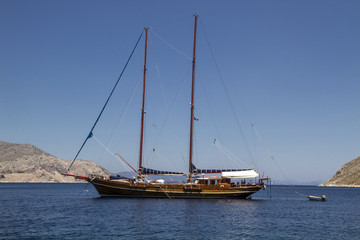 Fototapeta premium Old sailing boat in Lindos village, Rhodes