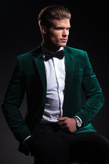 seated elegant man in green velvet suit