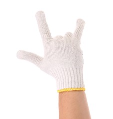 Hand shows rock sign in glove.