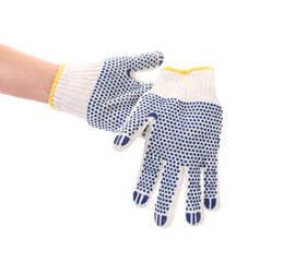 Thin work glove with blue pimple.