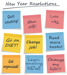 New year resolutions or self improvement sticky notes isolated