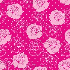 Seamless vector floral pattern pink roses white dots background