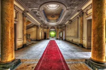 Wallpaper murals Old left buildings Red carpet in the hallway of an abandoned manor