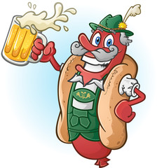 Oktoberfest Bratwurst Hotdog Cartoon Character Drinking Beer