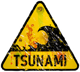 tsunami warning sign, heavy weathered, vector eps 10 - obrazy, fototapety, plakaty