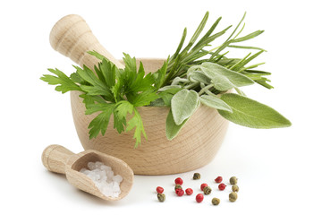 mortar and pestle with herbs and spices