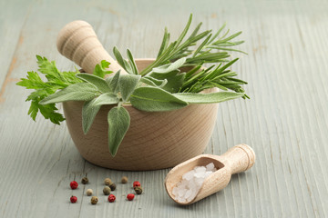 mortar and pestle with herbs and spices