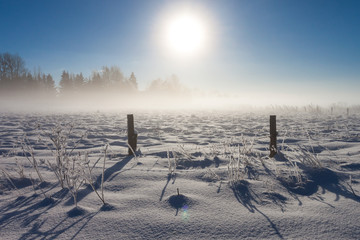 Barbed wire fence with snow covered ground - obrazy, fototapety, plakaty