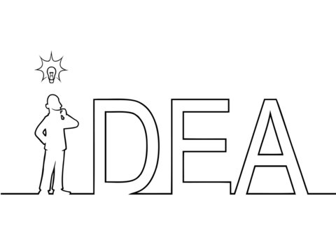 Black line art illustration of the word 'IDEA' with a man in it.