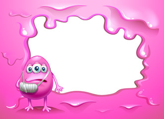 A pink border design with an injured pink monster