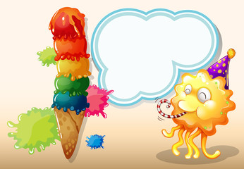 A happy monster near the colorful giant icecream