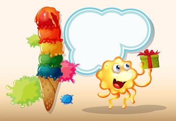 A happy monster holding a gift near the giant icecream
