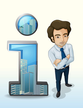 A businessman standing beside the buildings inside the number on