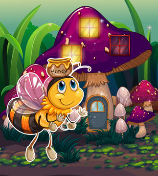 A flying bee near the enchanted mushroom house