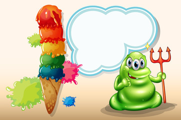 A scary monster with a death fork standing near the giant icecre