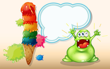 A fat green monster shouting near the giant icecream
