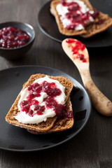 bread with creme fraiche and lingonberry jam