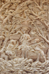 teak old wood engraving, in temple Thailand