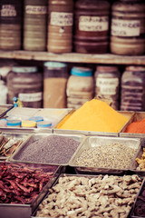 Indian colored spices at local market in Goa, India