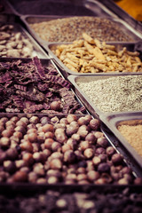 Indian colored spices at local market in Goa, India